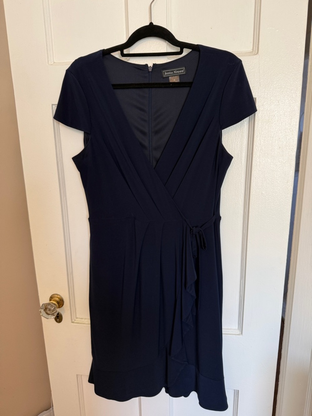 Jessica Howard Navy Faux-Wrap Midi Dress with Side Tie